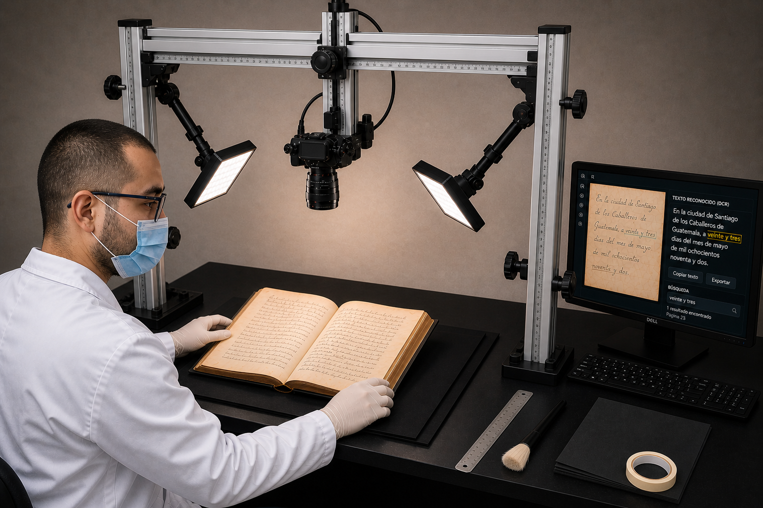 Operador digitalizando documento historico en estacion de trabajo