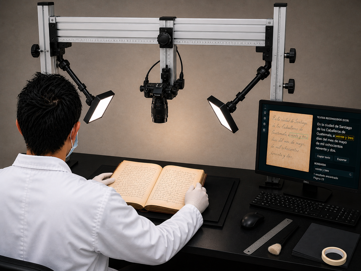 Tecnico digitalizando documentos historico en estacion de trabajo